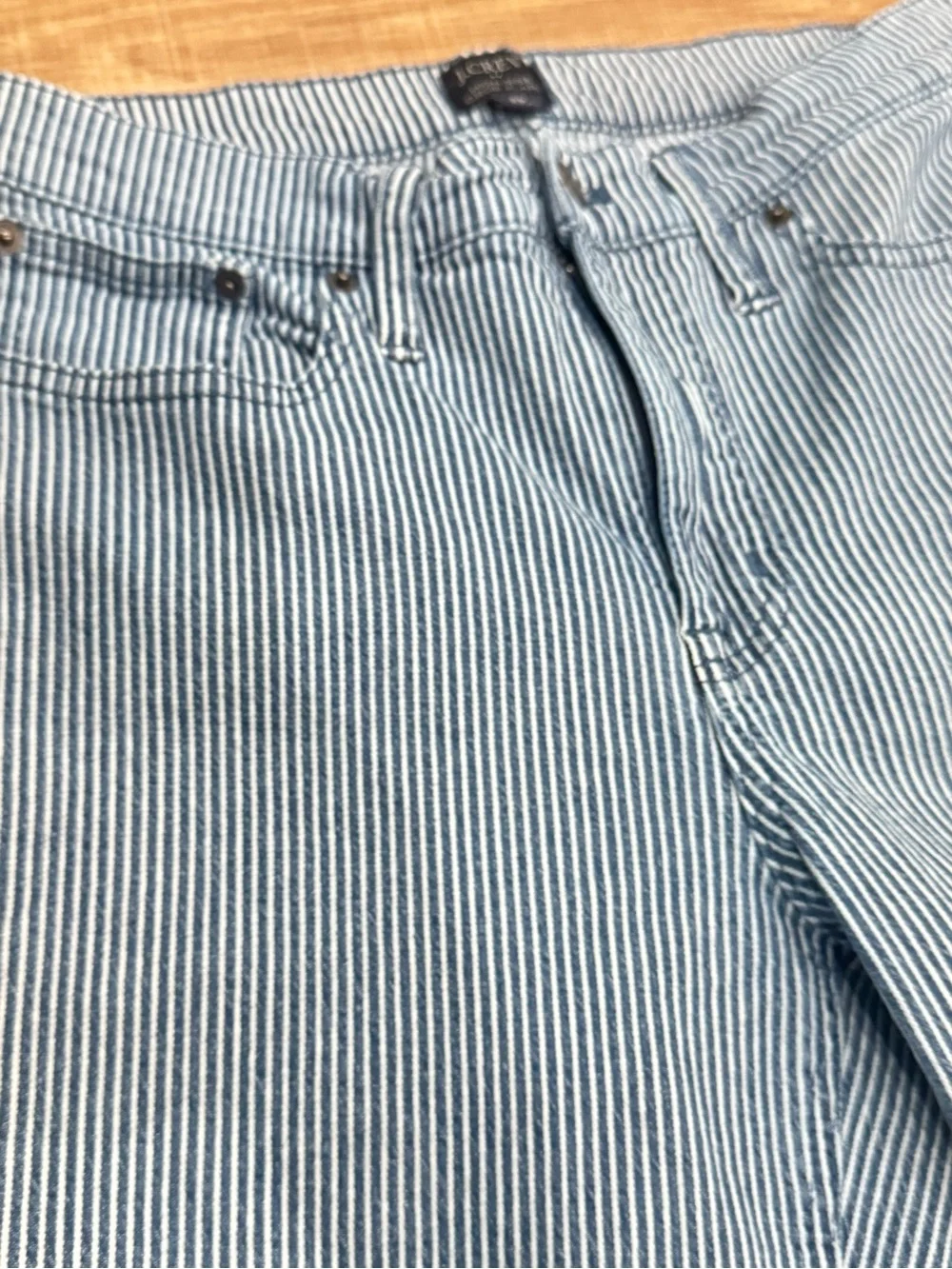 J.Crew High Rise Crop Flare Railroad Stripe Jeans Size 29 Blue White Denim